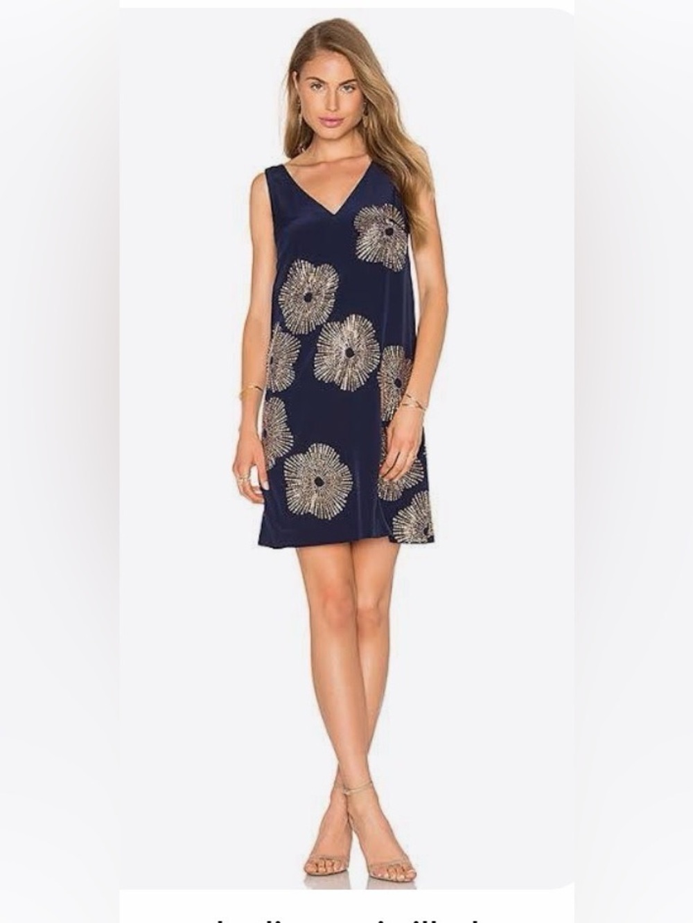 Trina Turk Glitterati Shift Dress – Sz 0 – Sleeveless Navy Blue with Gold